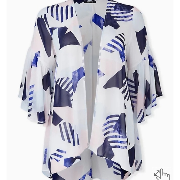 Torrid Chiffon Geometric Blue White Open Front Kimono Women's Size Medium/Large - Picture 4 of 14